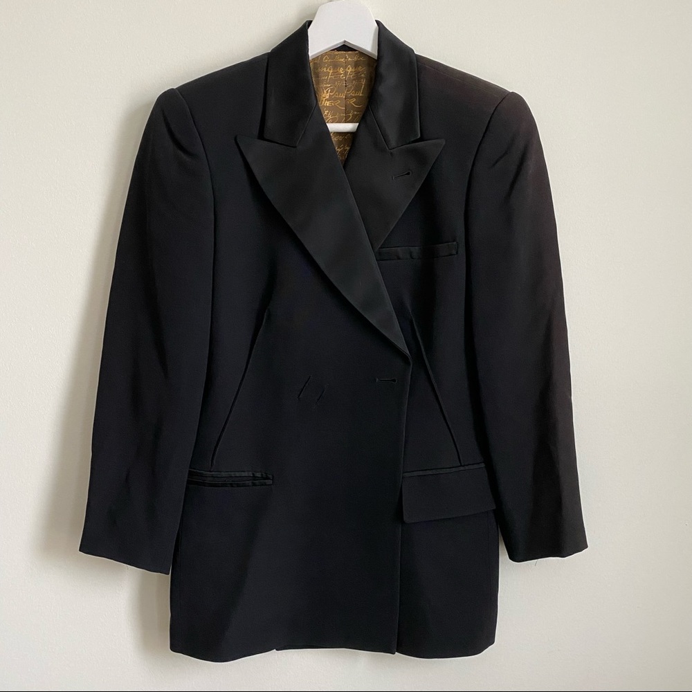 Original Jean Paul Gaultier fitted tuxedo blazer. Satin details corset